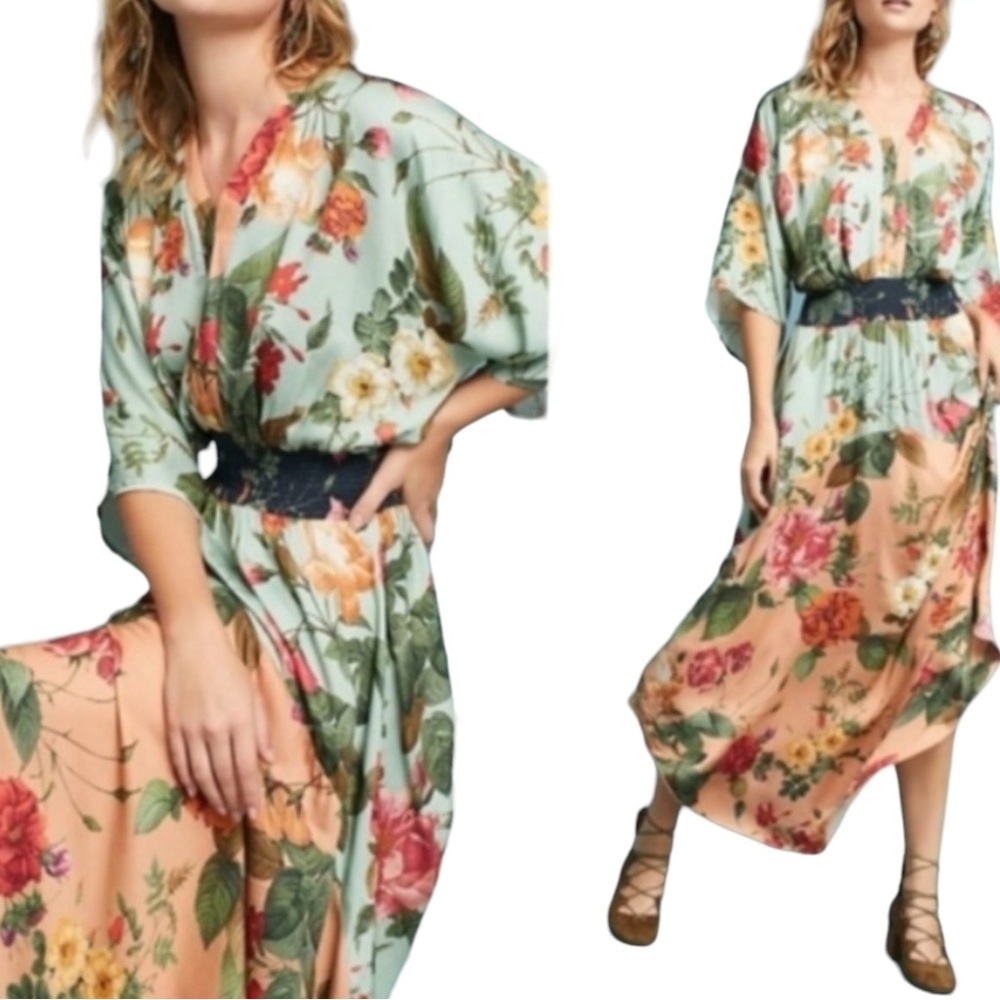 Farm Rio Marilla Maxi Dress Women's Small Floral Flowy Tie Back Tassel V-Neck